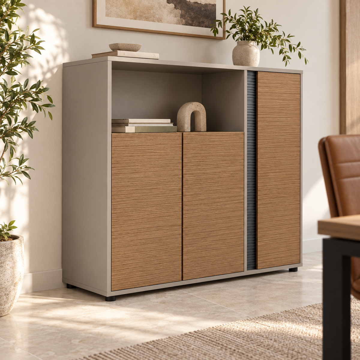 Gabinete de oficina khaki y gris 120x120x40 cm en ambiente de oficina