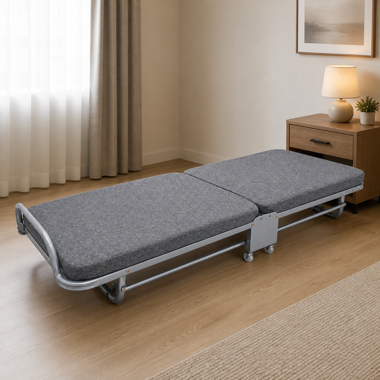 Cama plegable gris con ruedas en habitación moderna