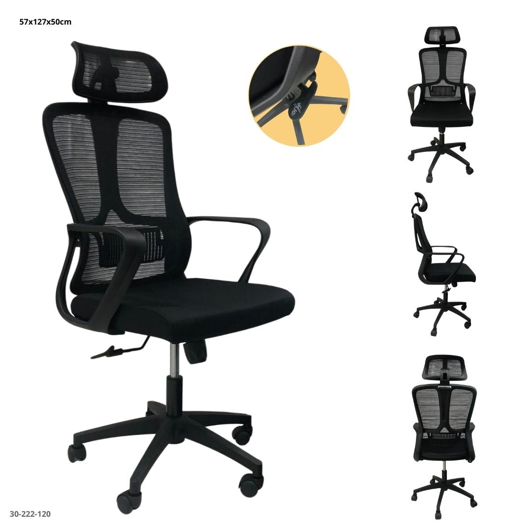 SILLA DE OFICINA NEGRA BASE PLASTICA CON REPOSA CABEZA