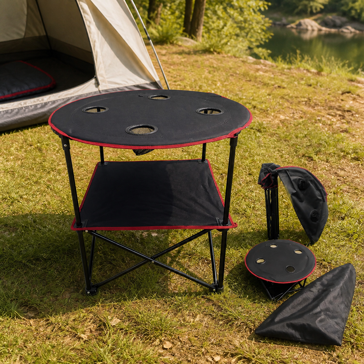 Mesita redonda negra de camping