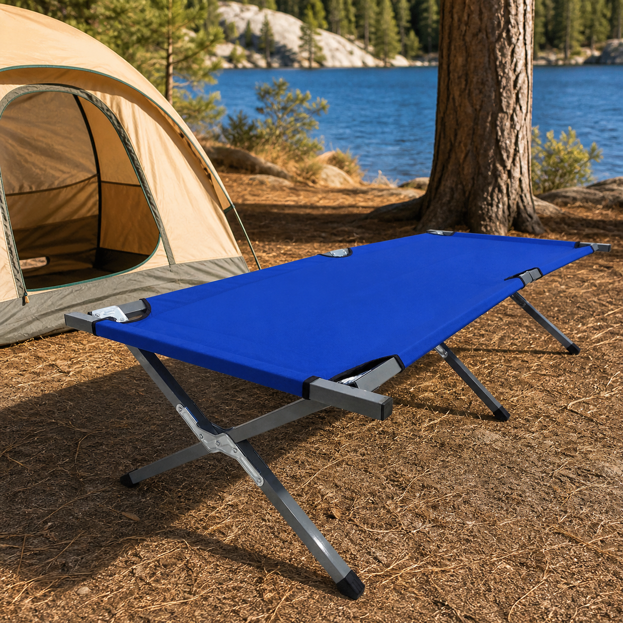 Silla cama plegable azul en camping