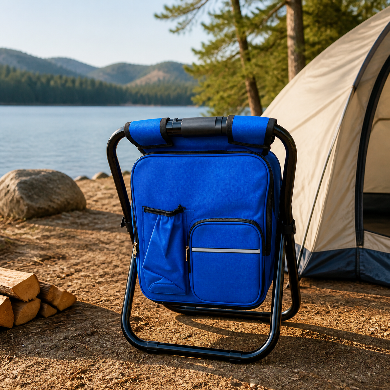 Banquito maleta azul en campamento