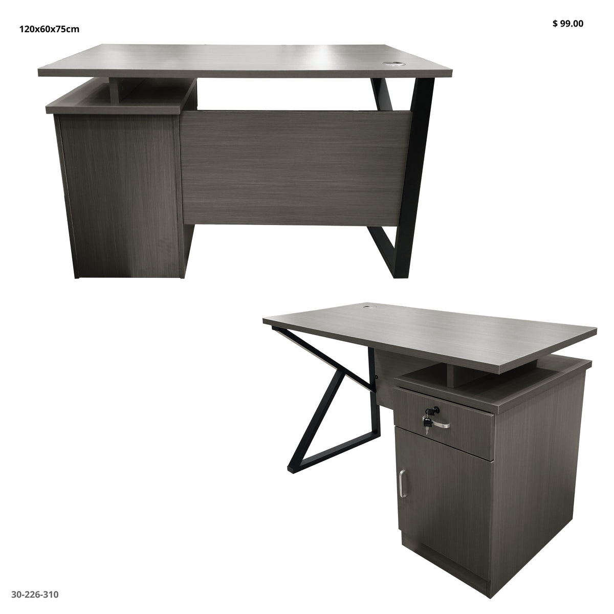 Escritorio de Oficina Patas Metálicas con Gabinete 1 Gaveta 120x60x75 cm Gris Oscuro - Ref. 30-226-310