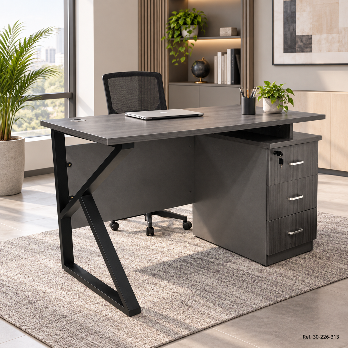 Escritorio gris oscuro con gabinete en ambiente - Ref. 30-226-313