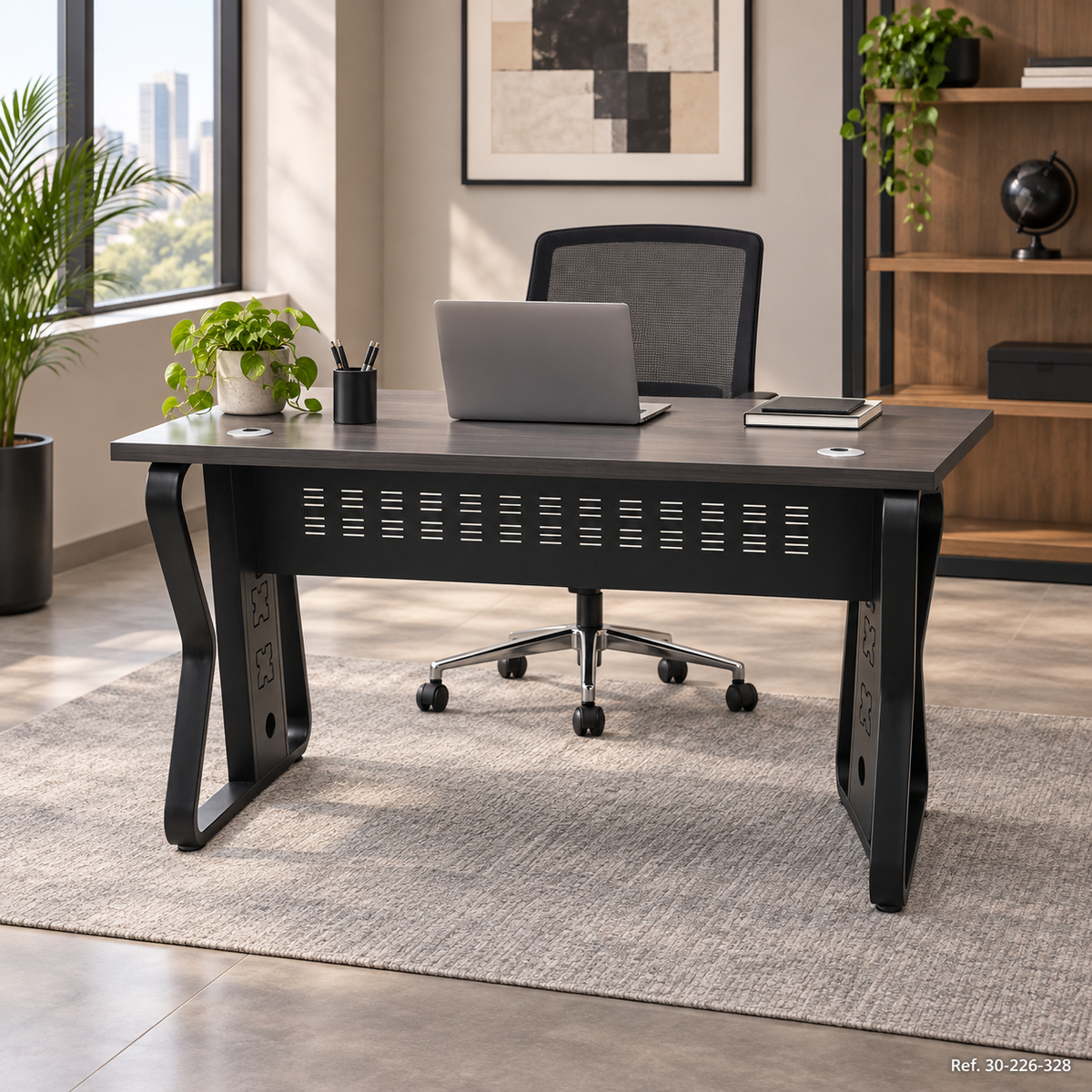 Escritorio gris oscuro con pasacables en ambiente - Ref. 30-226-328