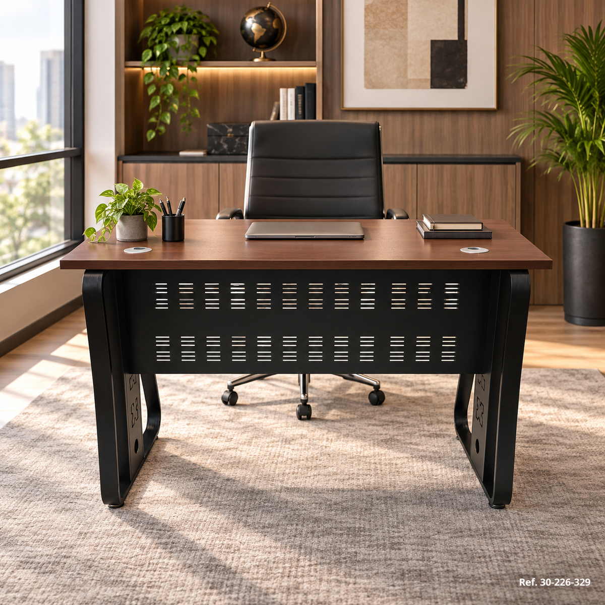 Escritorio chocolate con pasacables en ambiente - Ref. 30-226-329