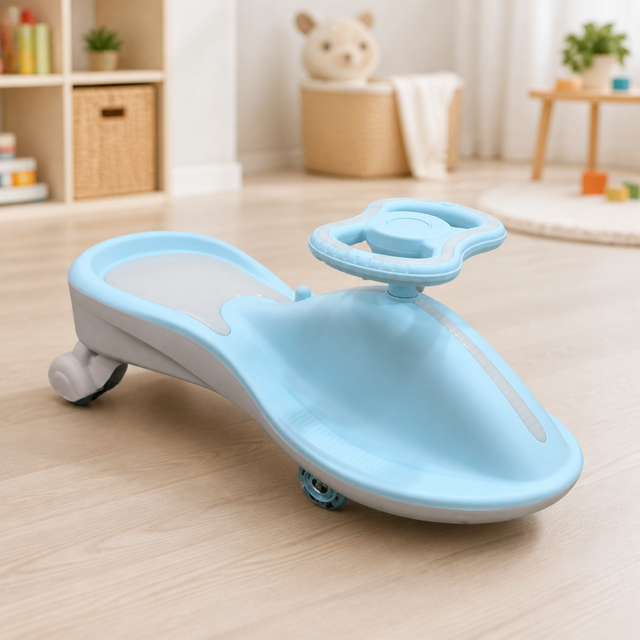 Carrito azul con luces en ambiente