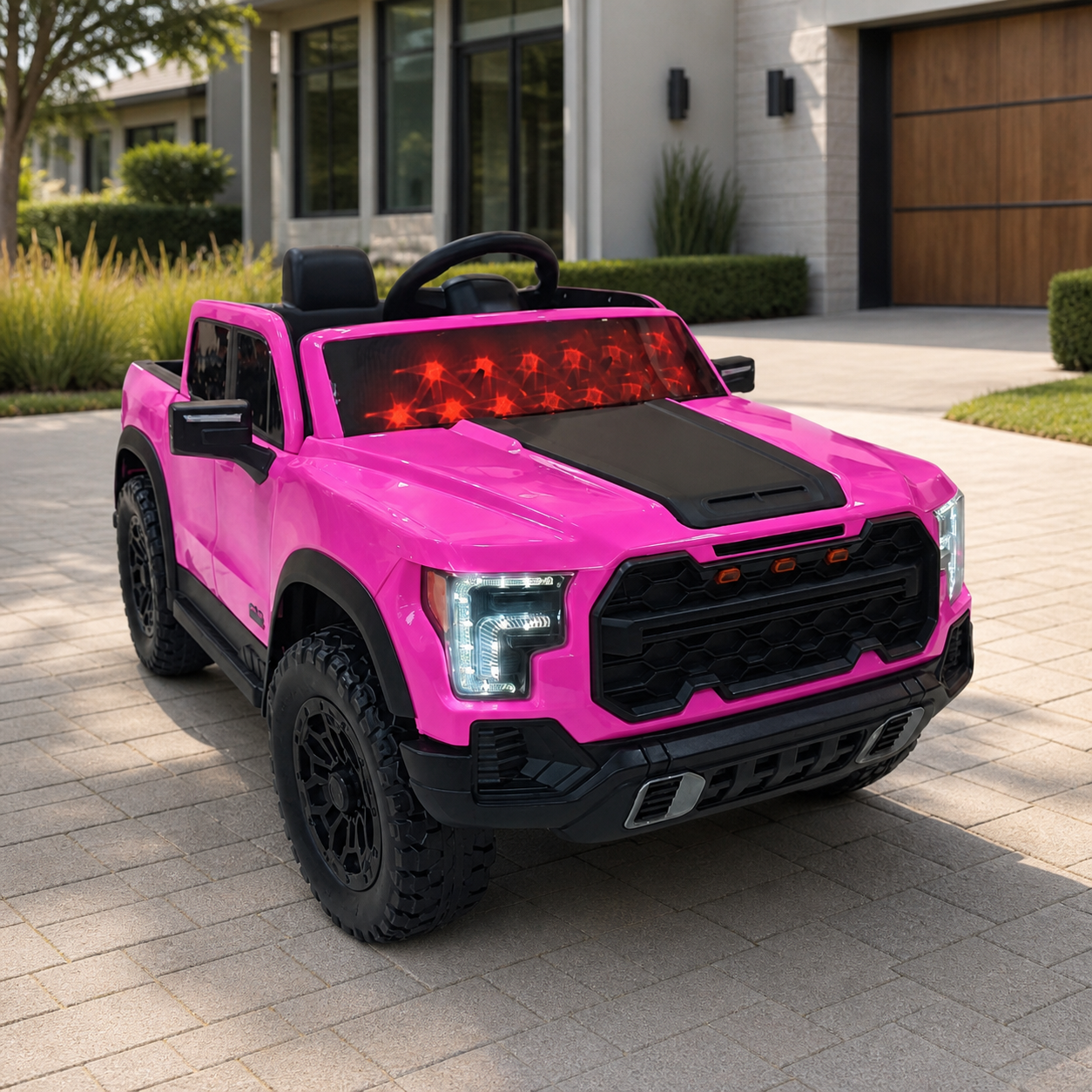 Carro eléctrico montable pickup 4x4 rosa en ambiente