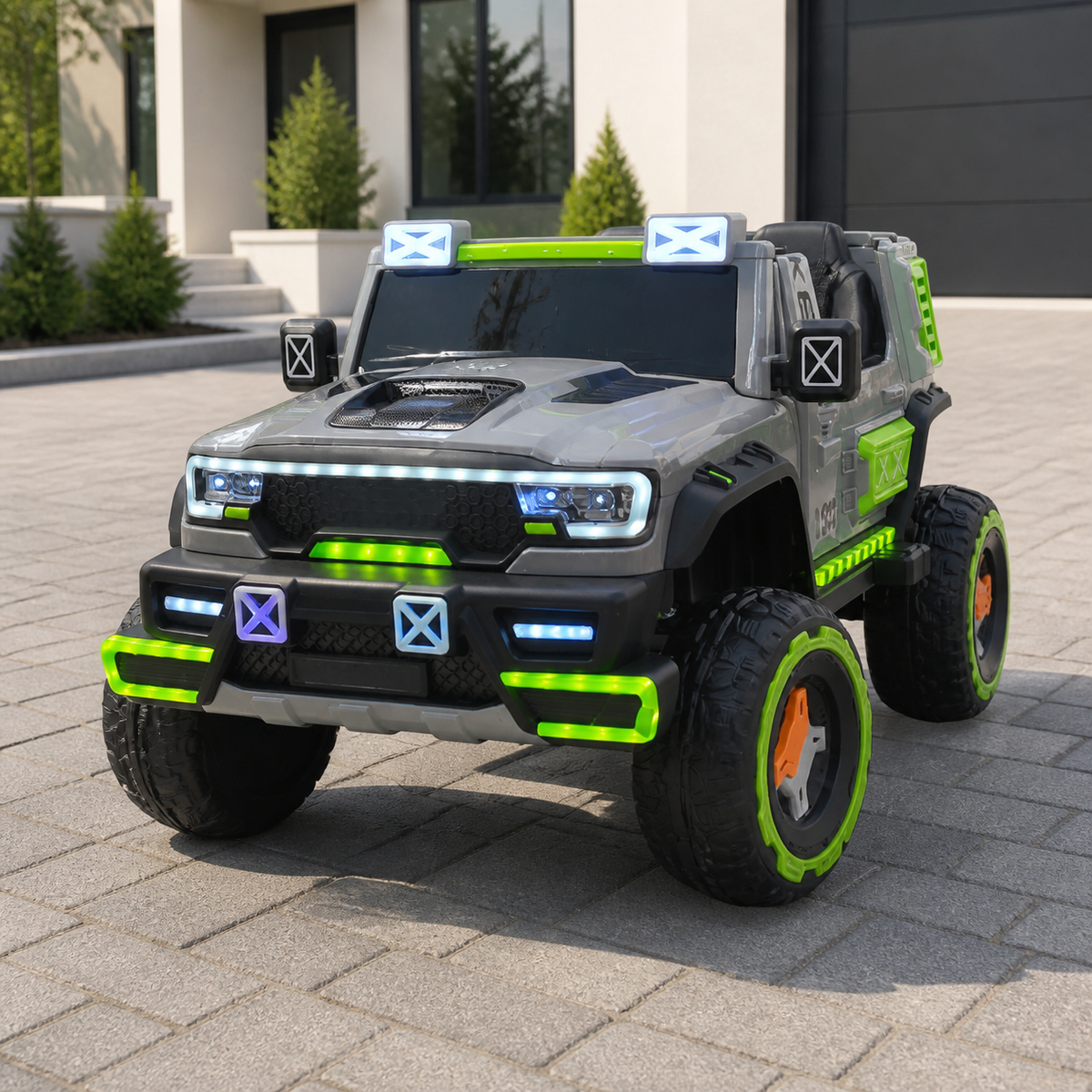 Jeep eléctrico montable gris y verde en ambiente