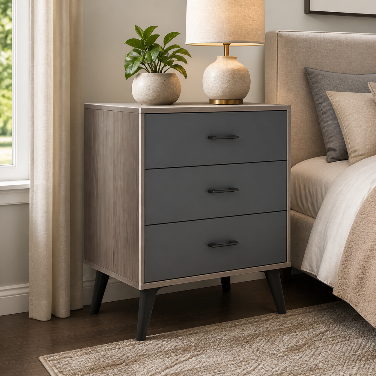 Mesita de Noche Gris Oak 3GAVETAS 60*40*63CM DM23 en ambiente