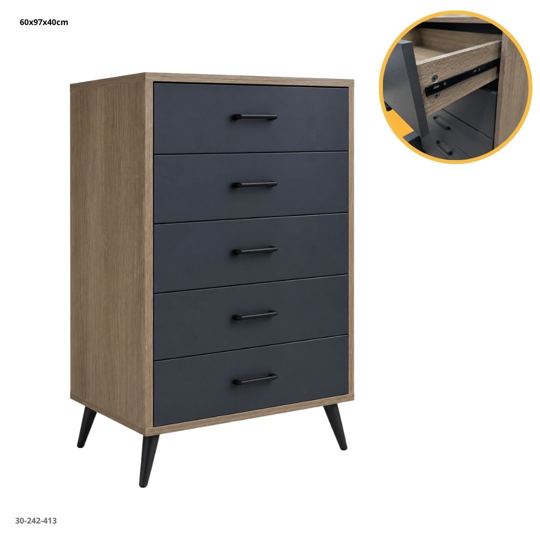 Gray Oak 5-Drawer Chest 60x40x97 cm, Model DM25
