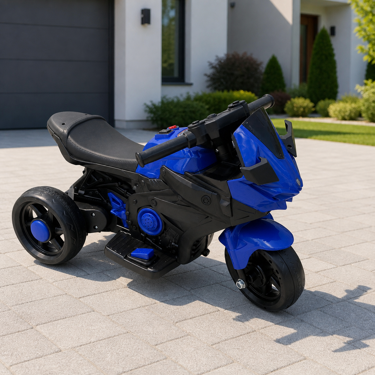 Moto infantil azul de tres ruedas en ambiente