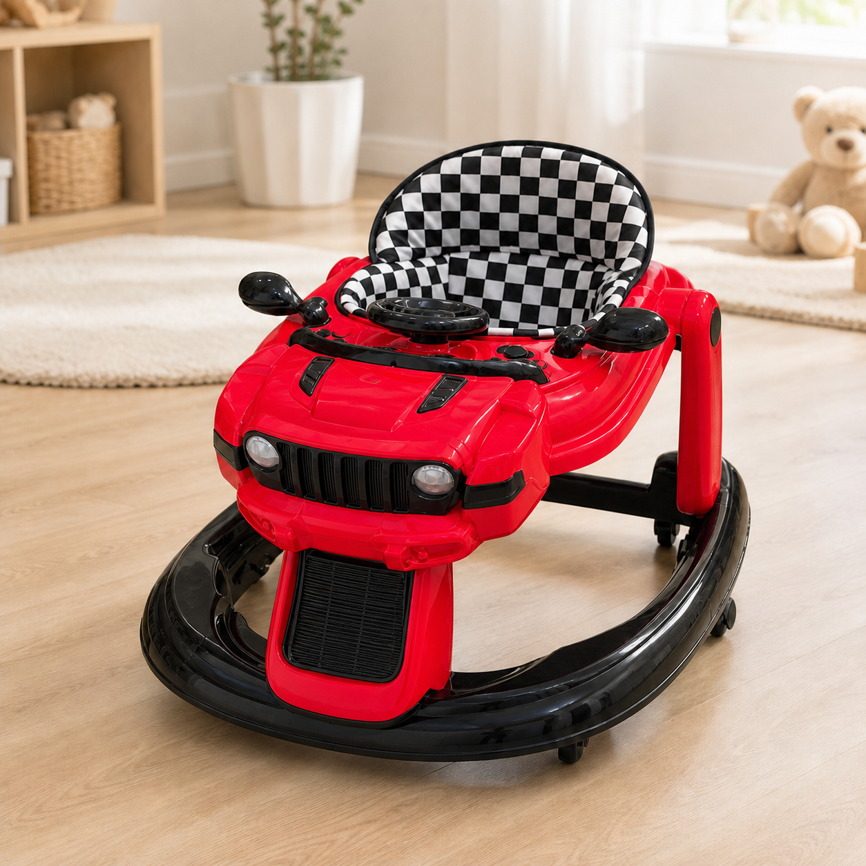Andadera roja tipo Jeep para bebé en ambiente