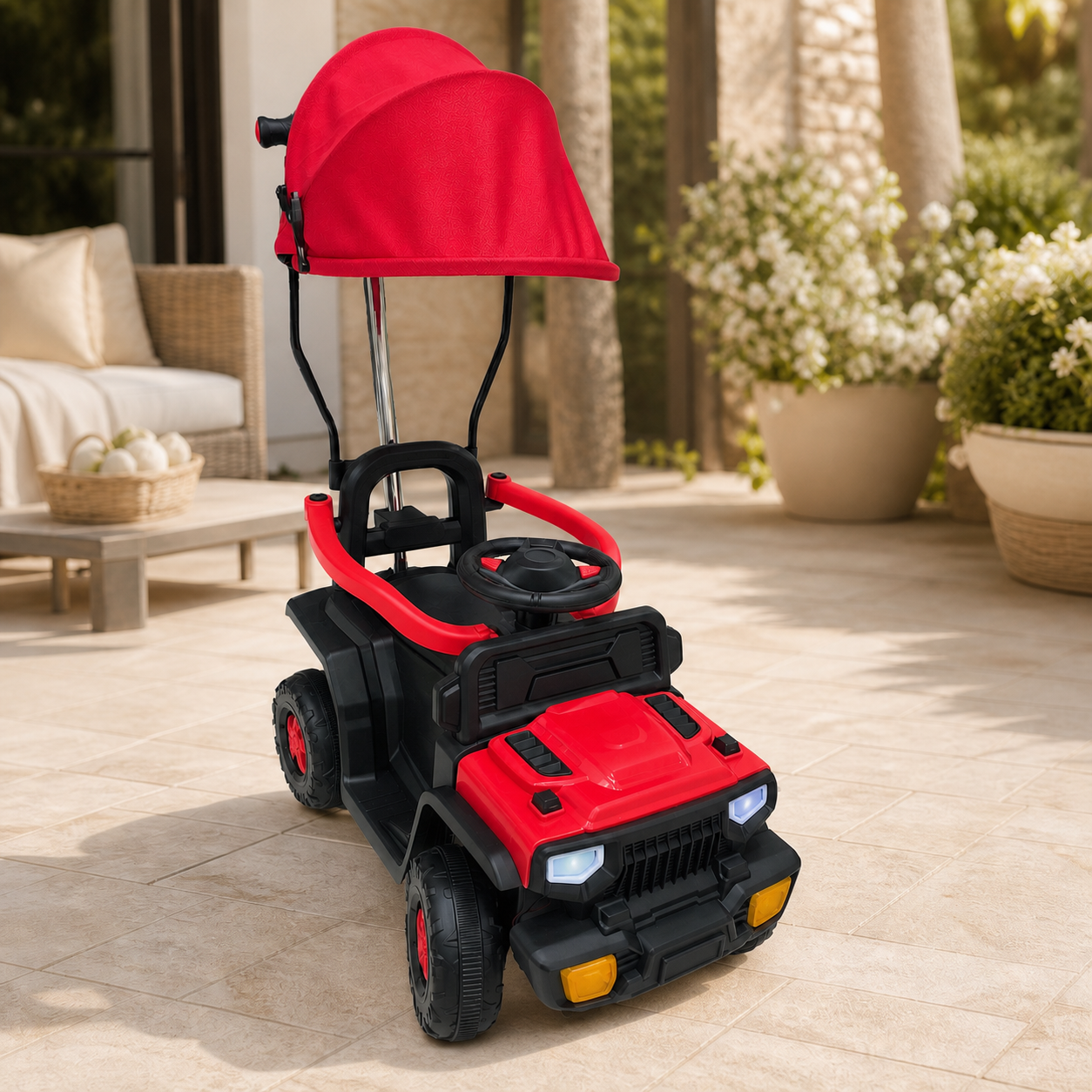 Carro tipo Jeep con techo para niños en ambiente