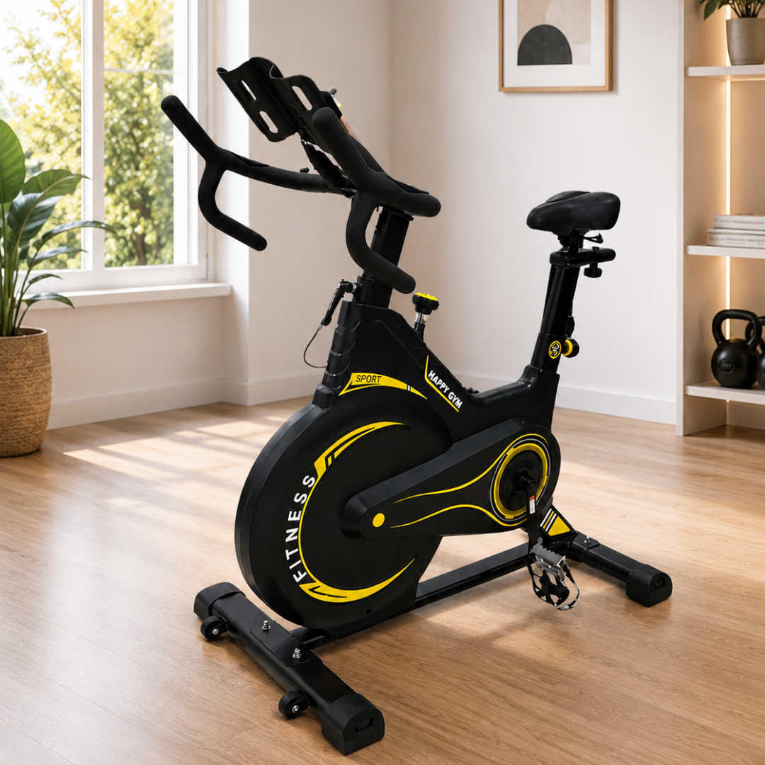 Bicicleta de spinning negro con amarillo