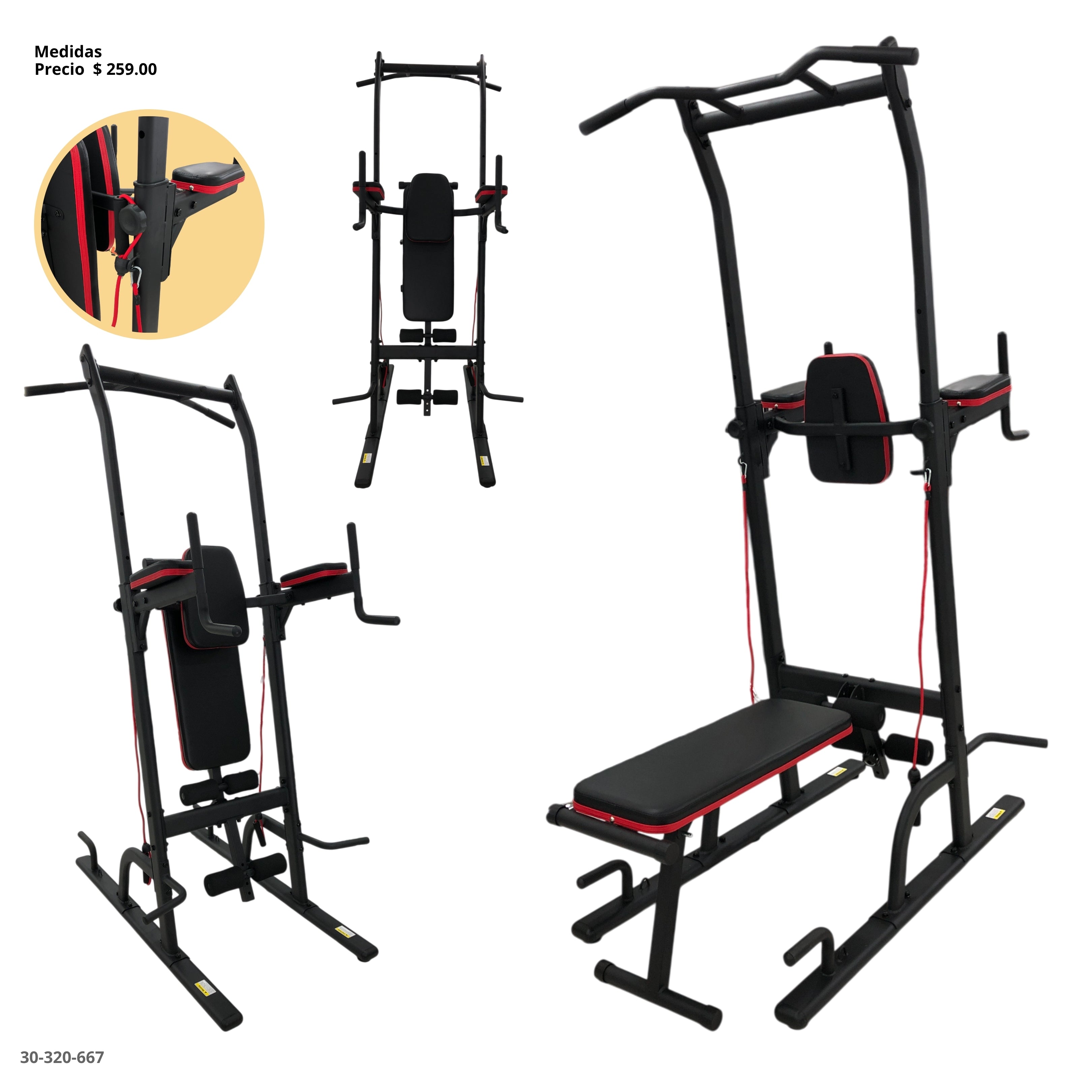 BANCO MULTIPOSICION C/BARRA DE ABDOMEN AEREA Y DOMINADAS