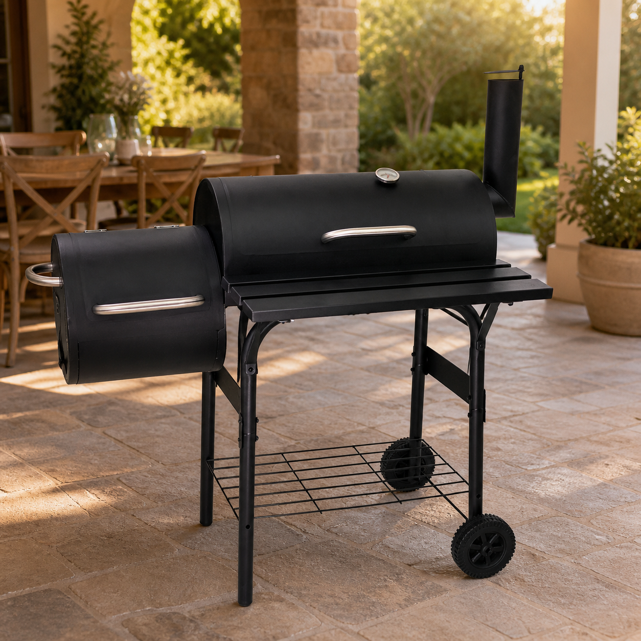 Barbacoa ahumadora negra 110x53x116 cm en terraza exterior
