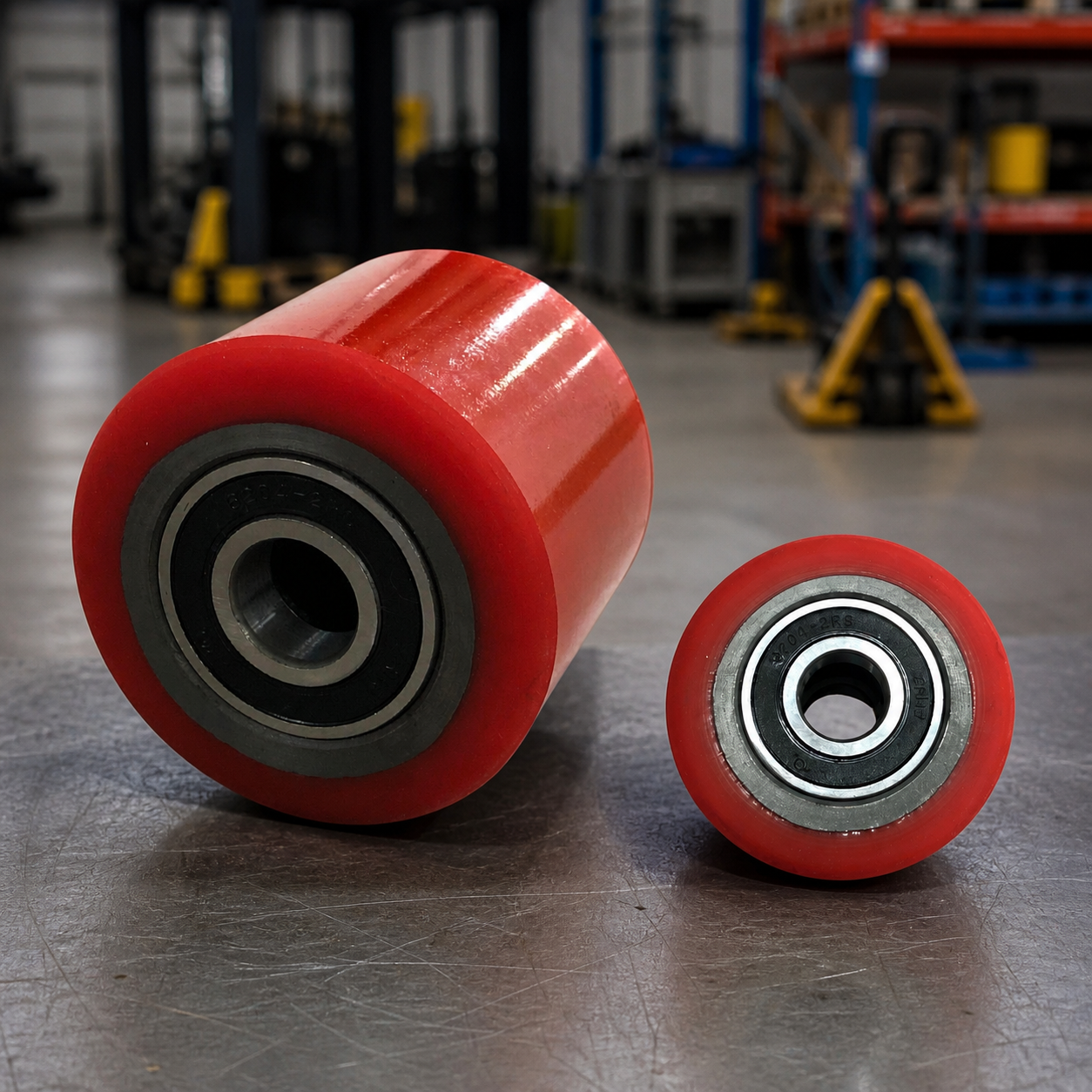 Ruedas rojas para palet en taller industrial