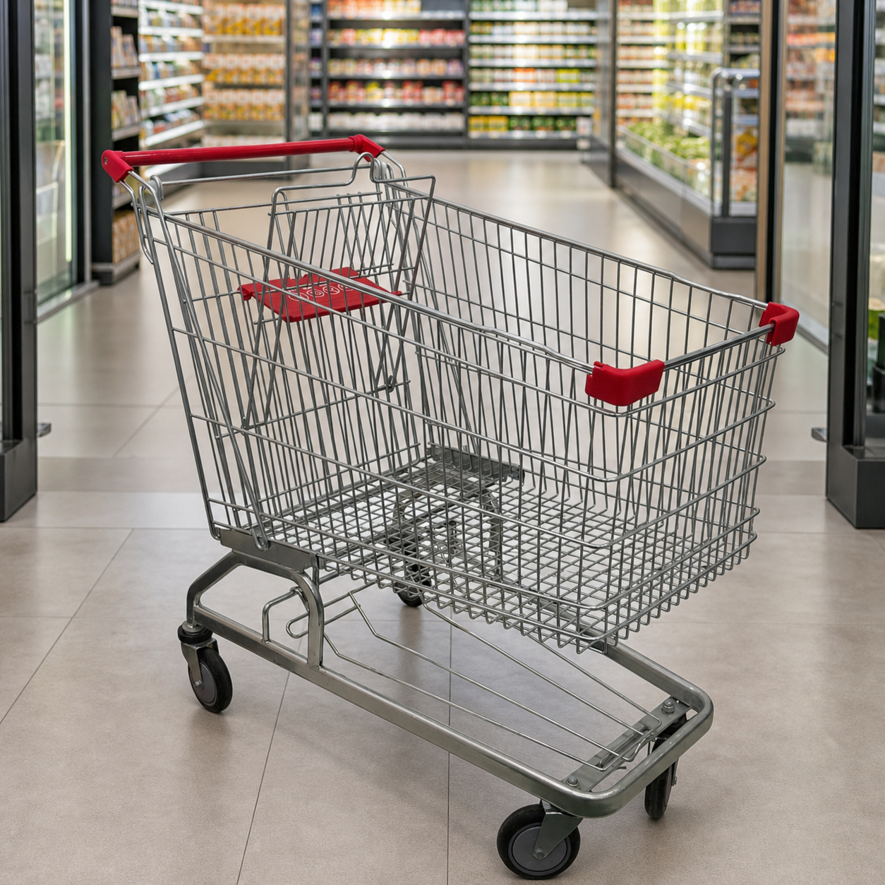 Carretilla metálica ambientada en supermercado