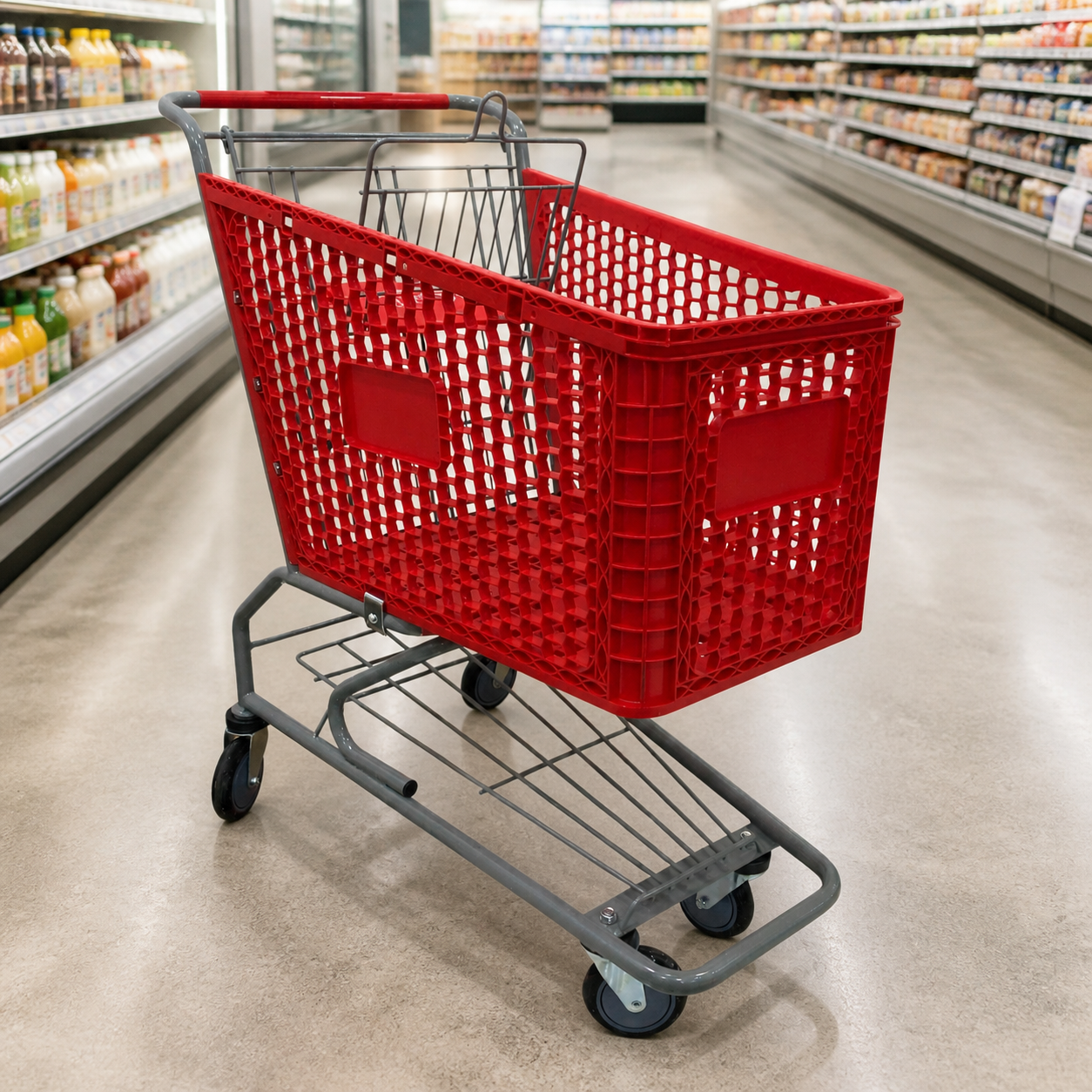 Carretilla roja plástica grande en supermercado