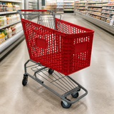 Carretilla roja plástica grande en supermercado
