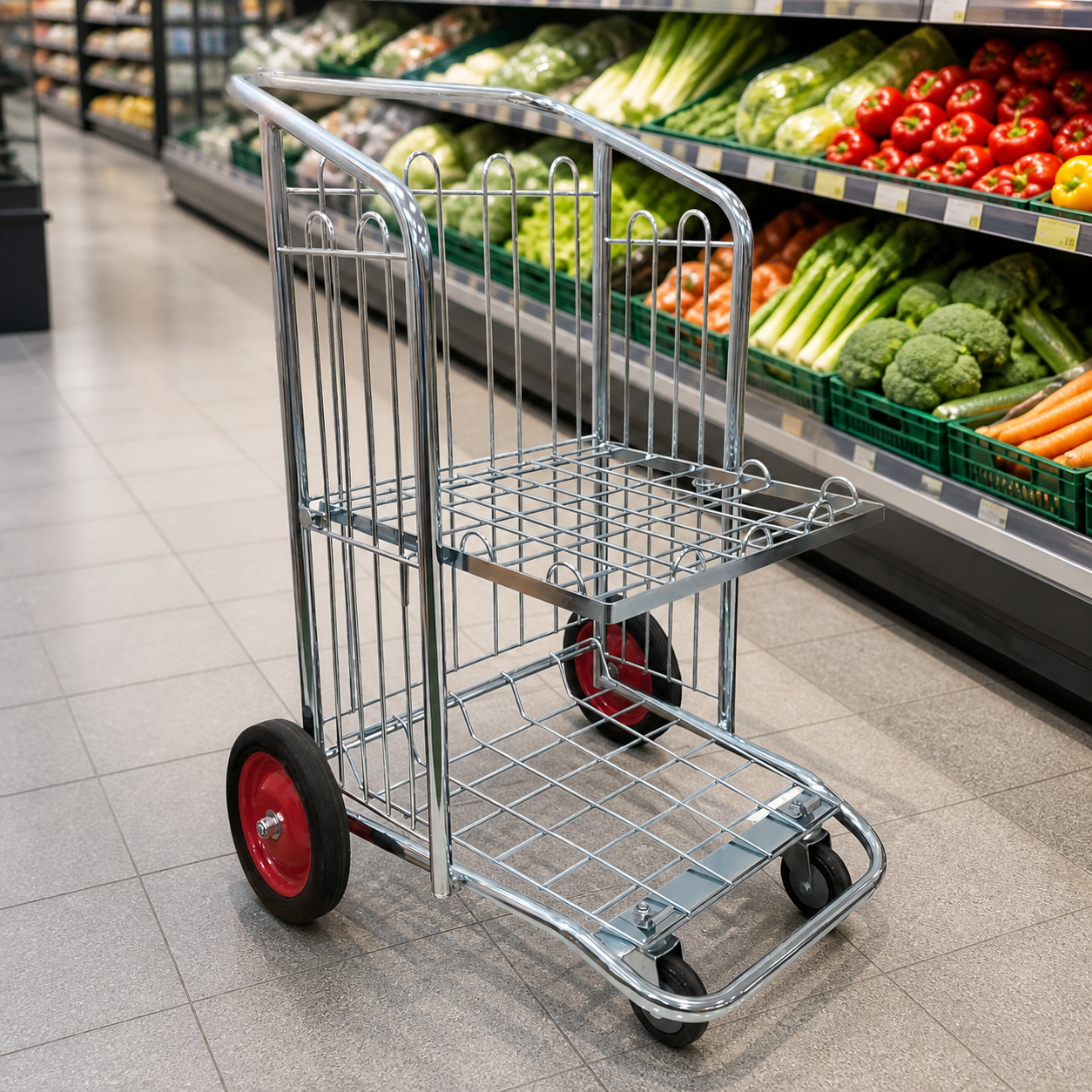Carretilla metálica de supermercado en ambiente comercial