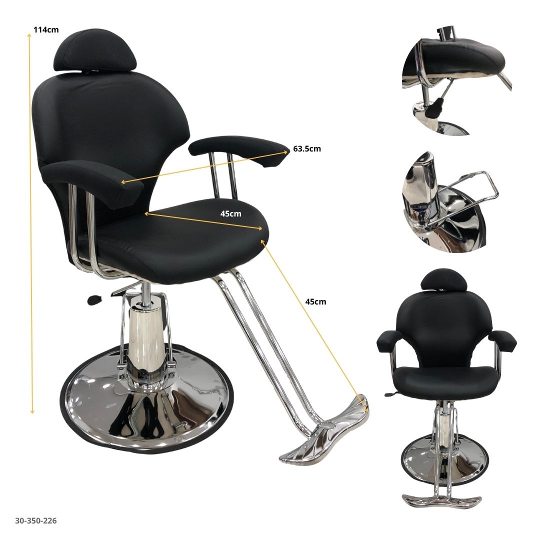 Silla de Peluquería Negra Reclinable con Reposacabezas Modelo 4 - medidas y detalles (30-350-226)