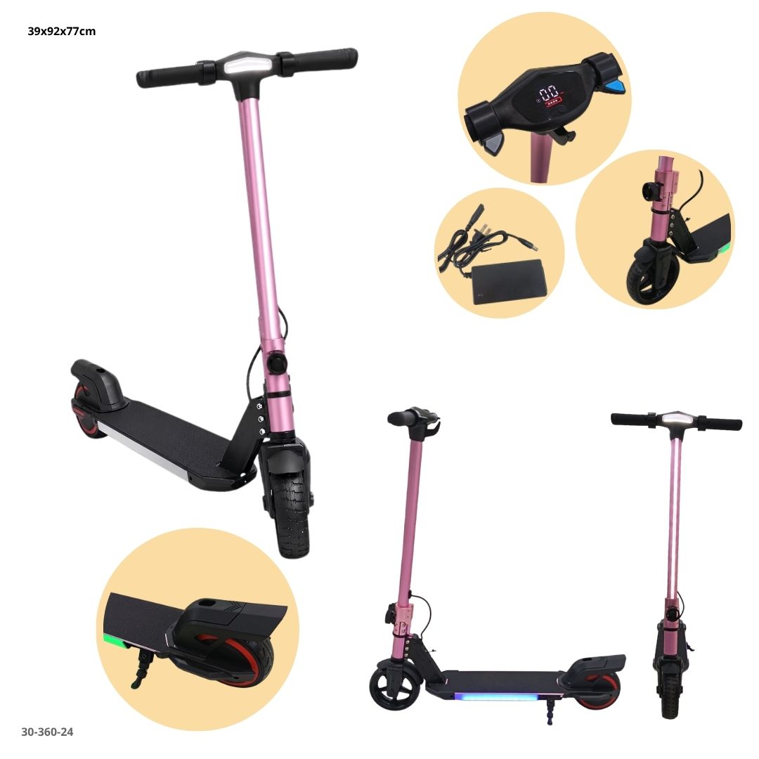 Detalles del scooter para niños rosado: pantalla digital, luces LED, cargador y manubrio ajustable (30-360-24)