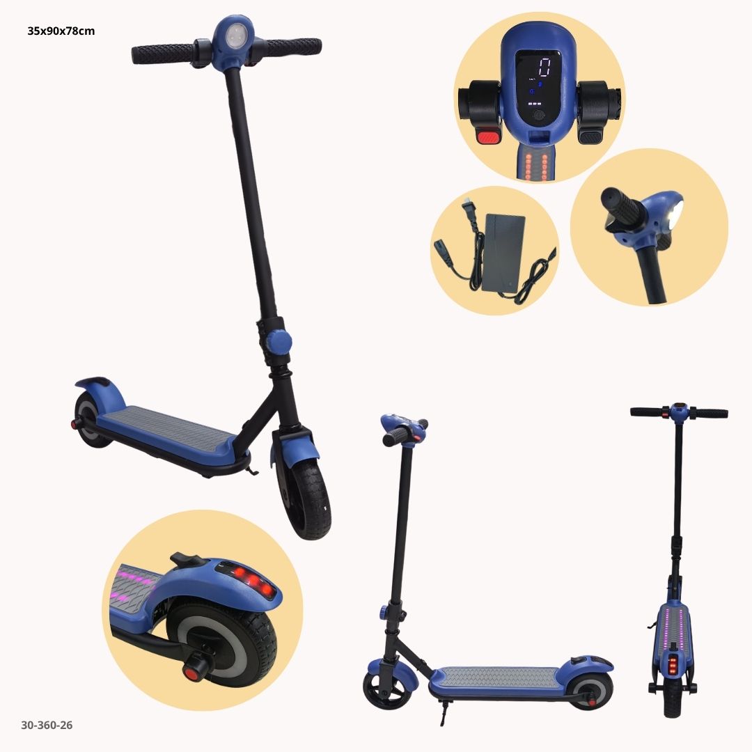 Detalles del scooter para niños azul: pantalla digital, luces LED en la plataforma y cargador (30-360-26)