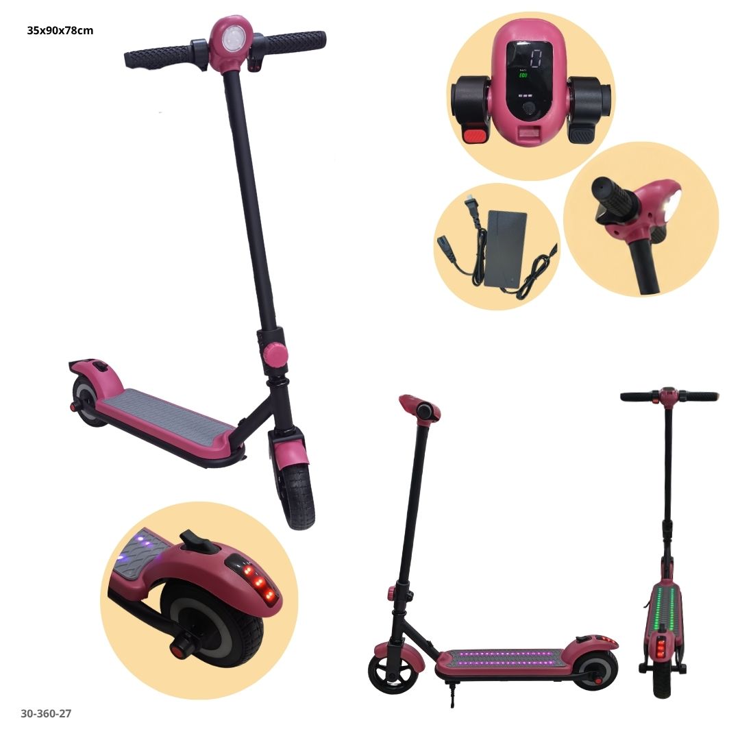 Detalles del scooter para niños rosado: pantalla digital, luces LED en la plataforma y cargador (30-360-27)