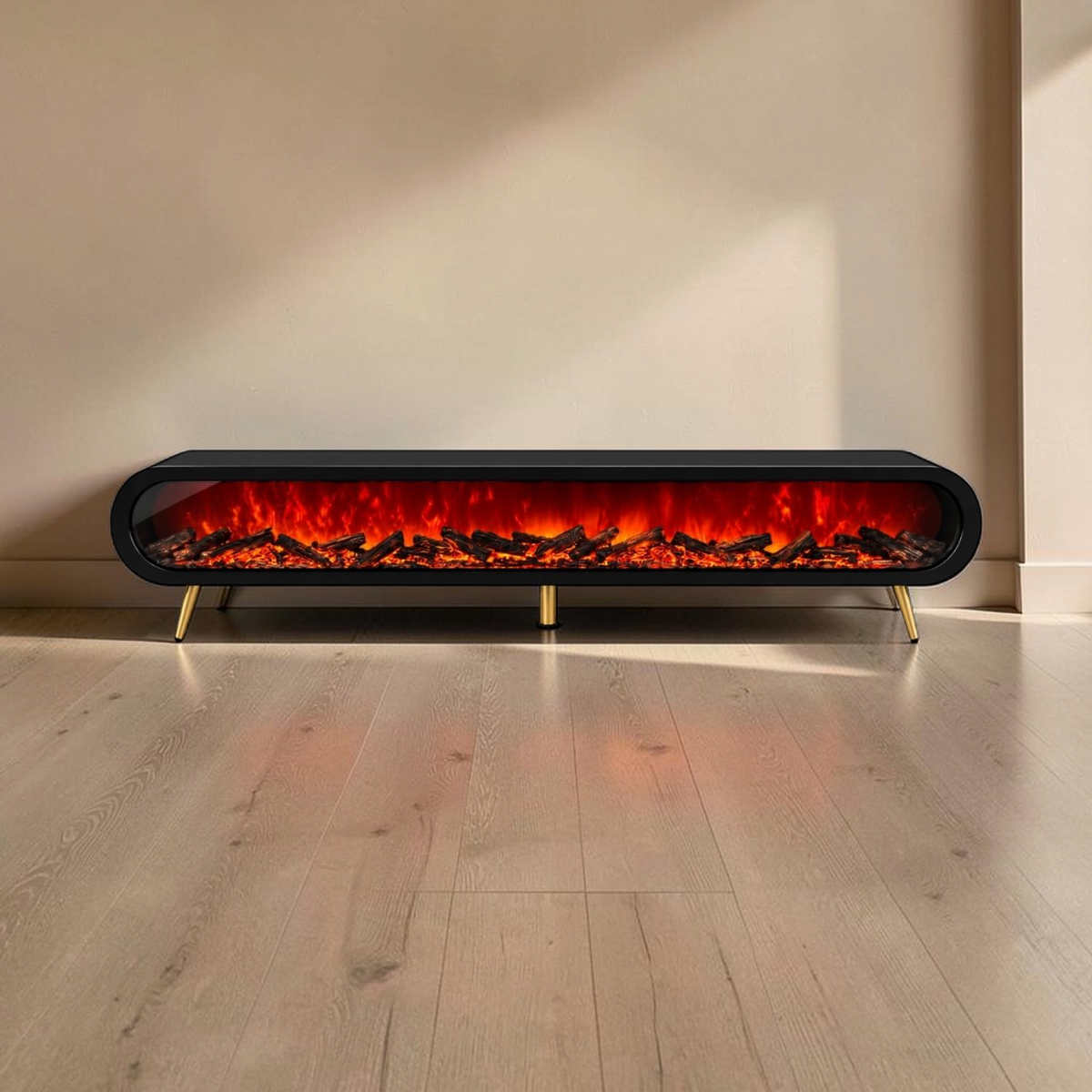 Mueble de TV con Chimenea Eléctrica y Bluetooth Negro en ambiente