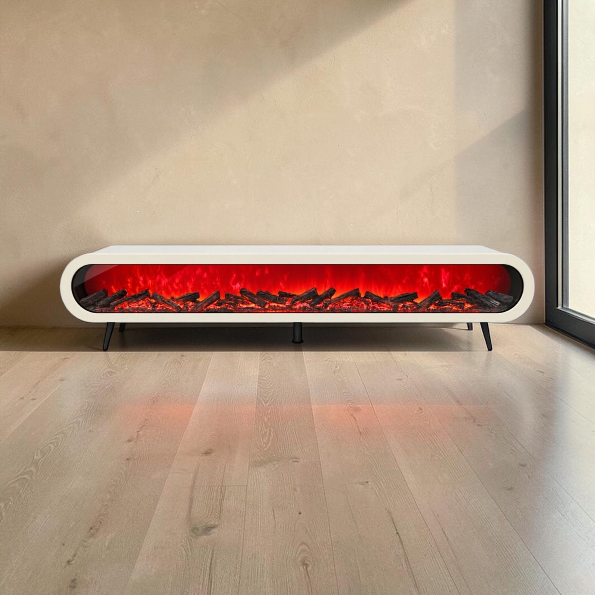 Mueble de TV con Chimenea Eléctrica y Bluetooth Blanco en ambiente