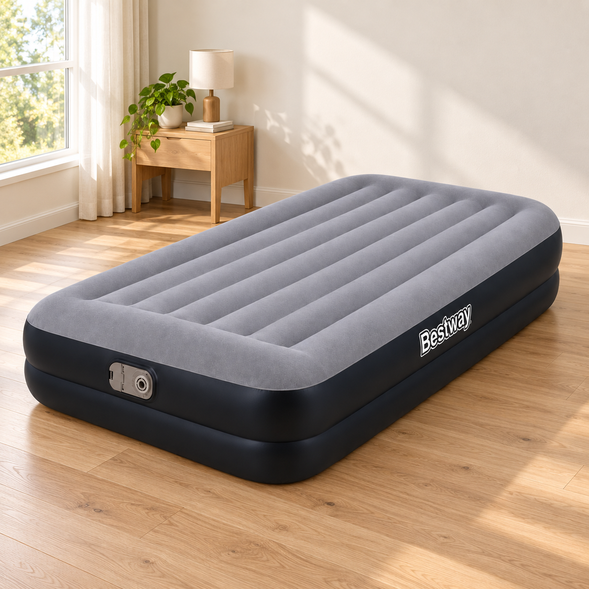 Colchón Inflable Bestway Queen 203 x 152 x 46 cm con Inflador Eléctrico Modelo 671NF en ambiente de habitación