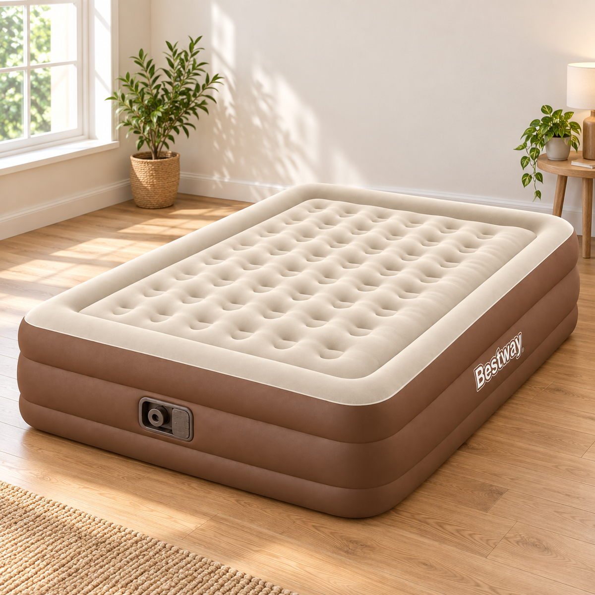 Colchón Inflable Bestway Queen 203 x 152 x 46 cm con Inflador Eléctrico Modelo 671NW en ambiente de habitación