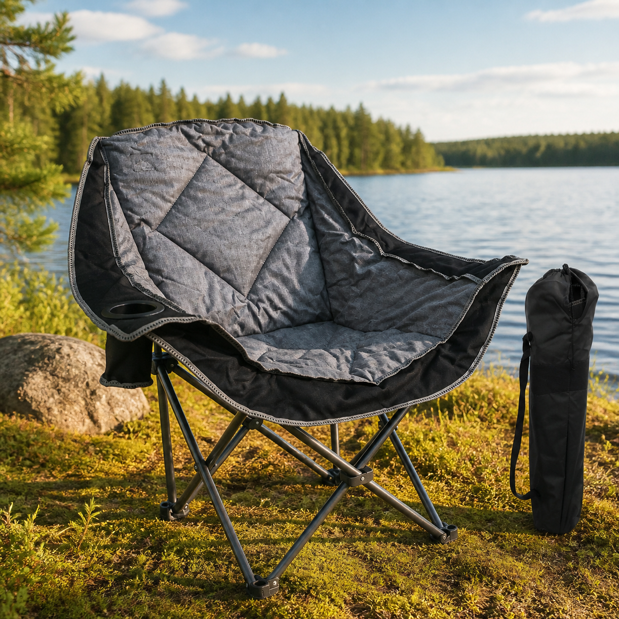 Silla camping bicolor acolchada junto al lago