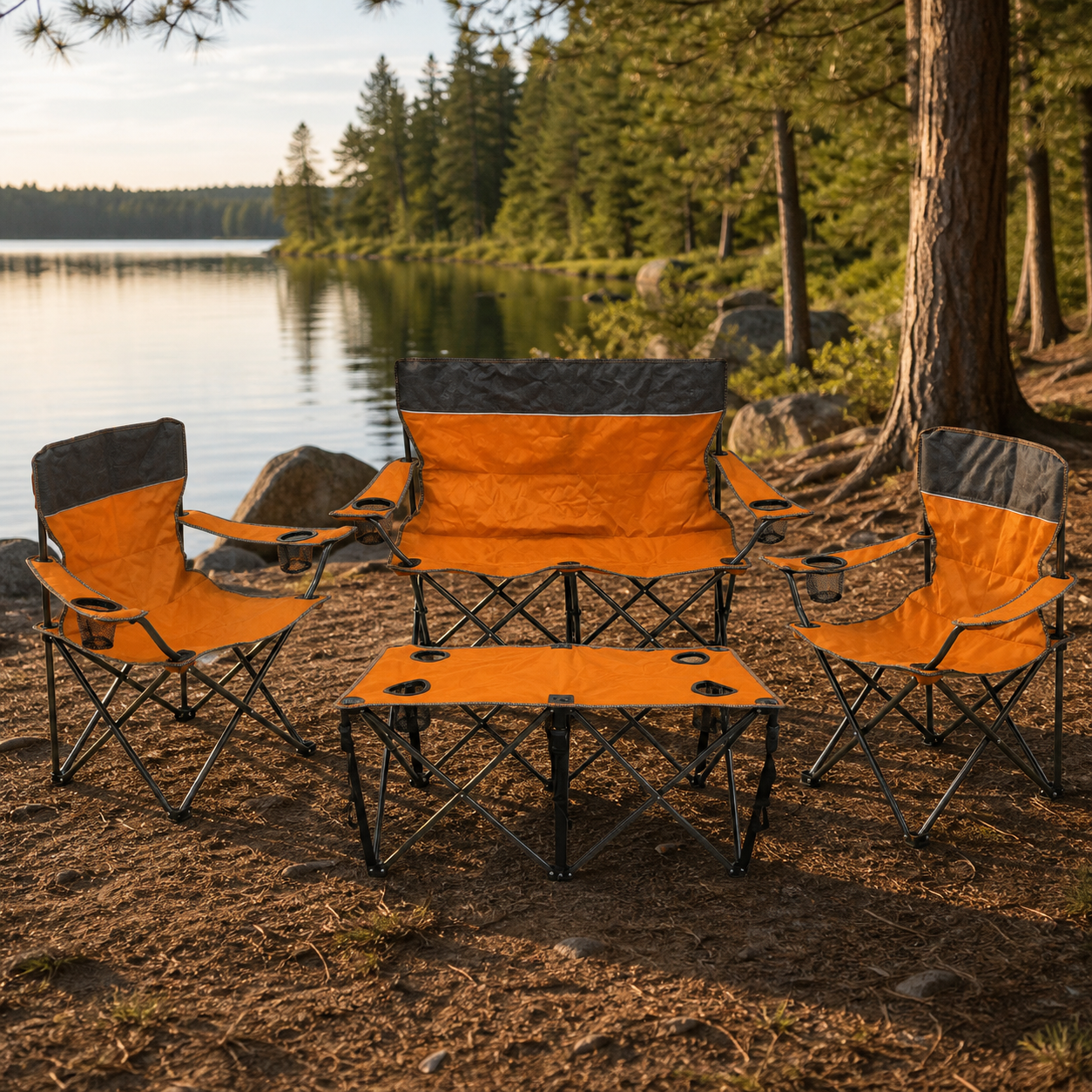 Juego naranja y gris de sillas y mesa de camping