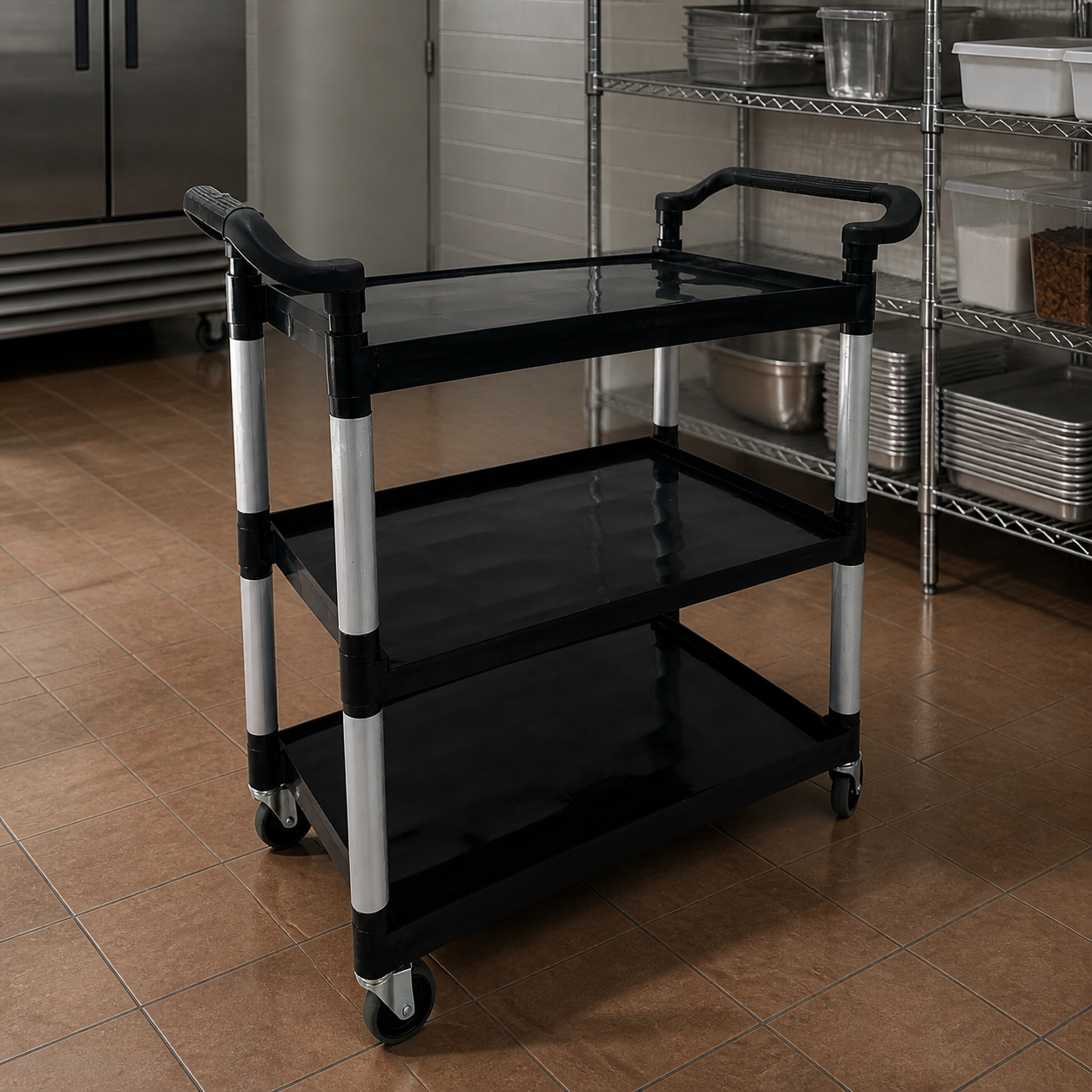 Carro de servicio negro en cocina comercial