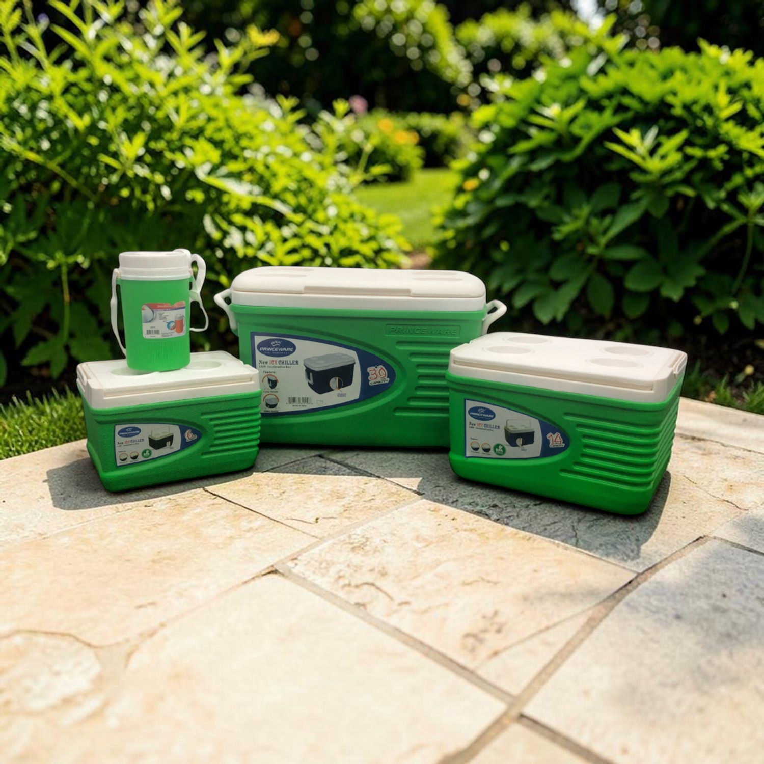 Hielera Verde Set 4 Pzas (30L+14L+6L+1.25L) en ambiente