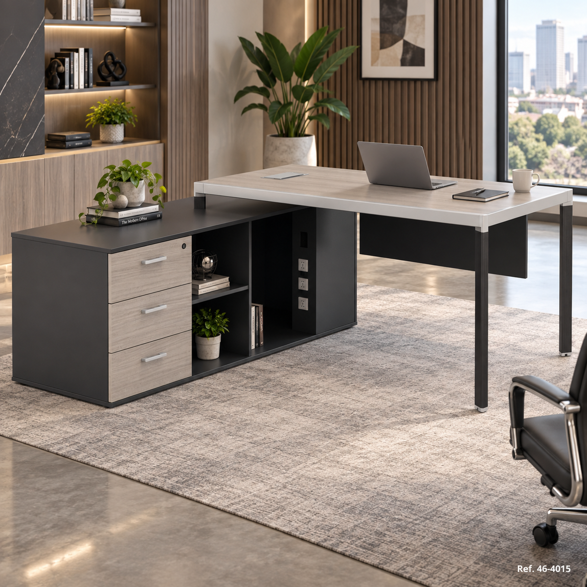 Escritorio Ejecutivo Gris con Gabinete y Enchufe Izquierda 200X160X75CM - en ambiente (46-4015)