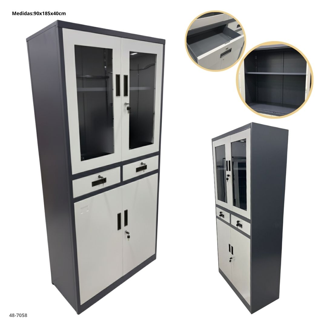 GABINETE METALICO CON 2 GAVETAS Y 2 PUERTAS DE VIDRIO Y 2 METAL GRIS OSCURO/BLANCO