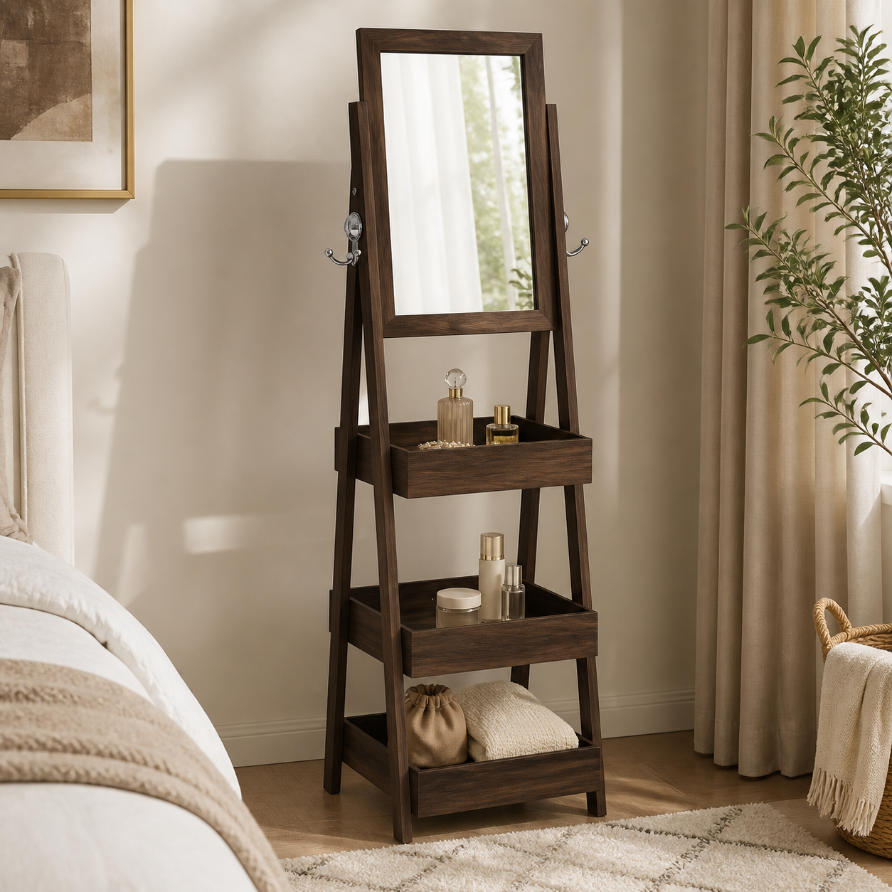 Estantería de nuez con espejo en dormitorio moderno