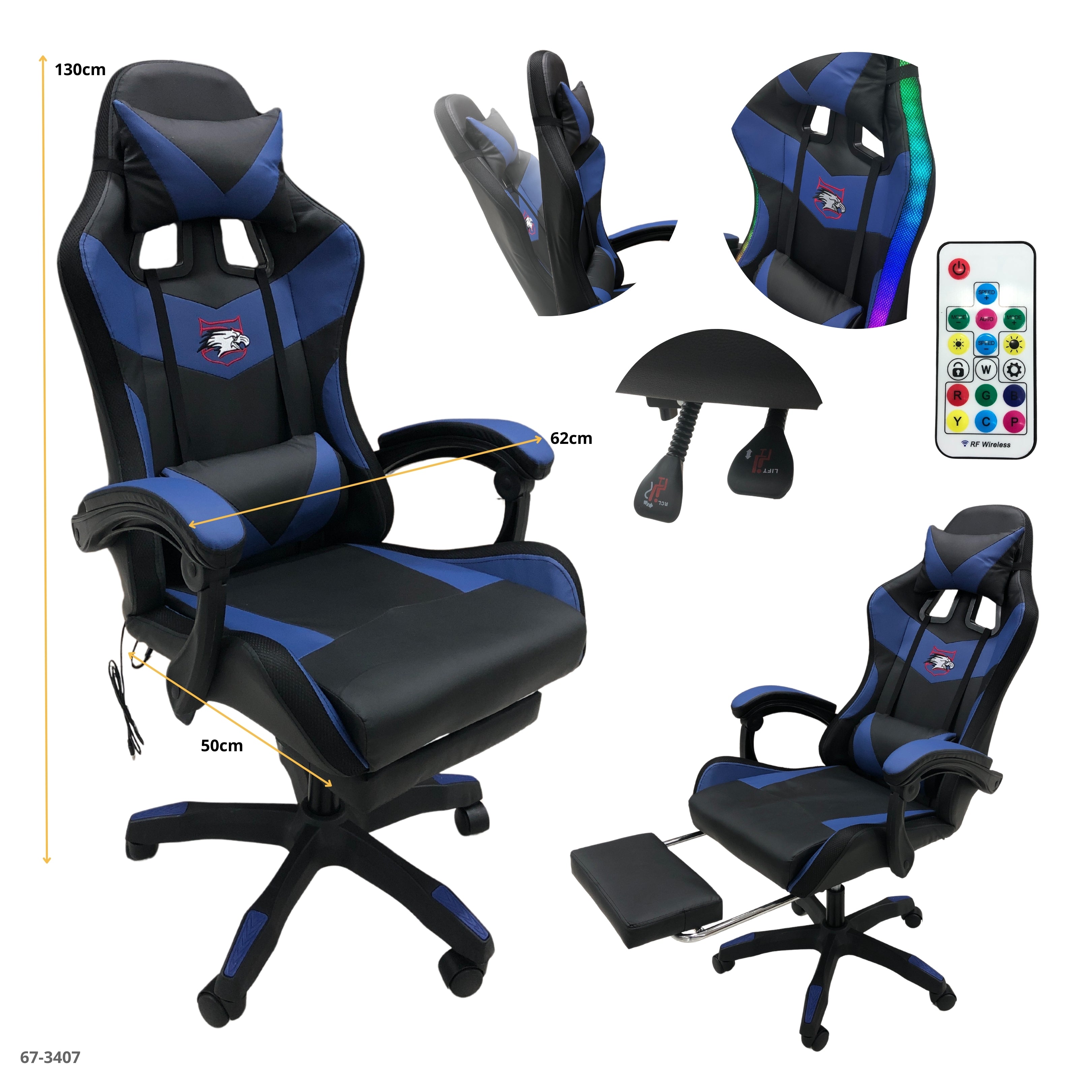 Silla gaming azul LED con reposa pie 67-3407