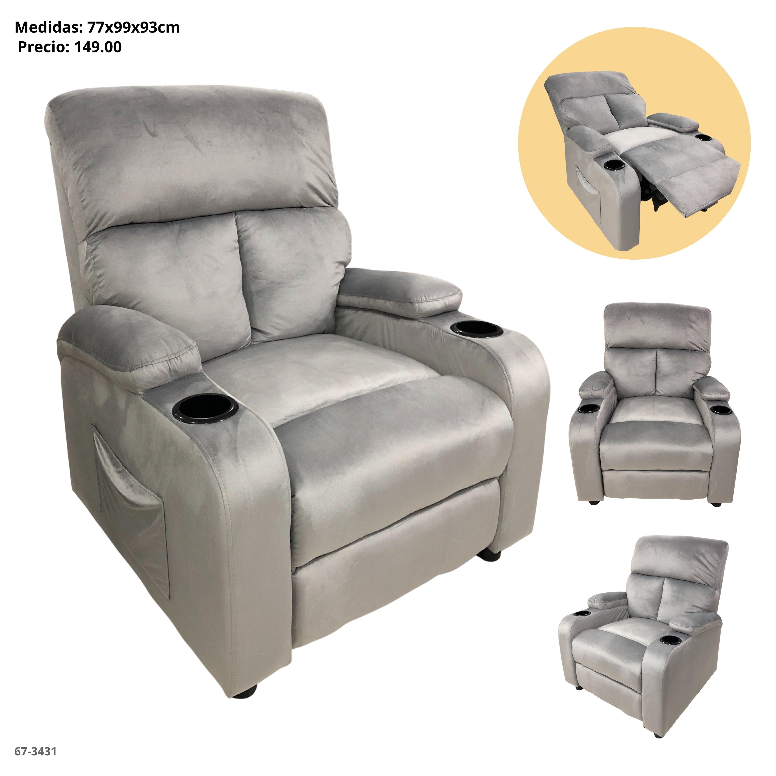 SOFA RECLINABLE  C/PORTAVASO TELA GRIS