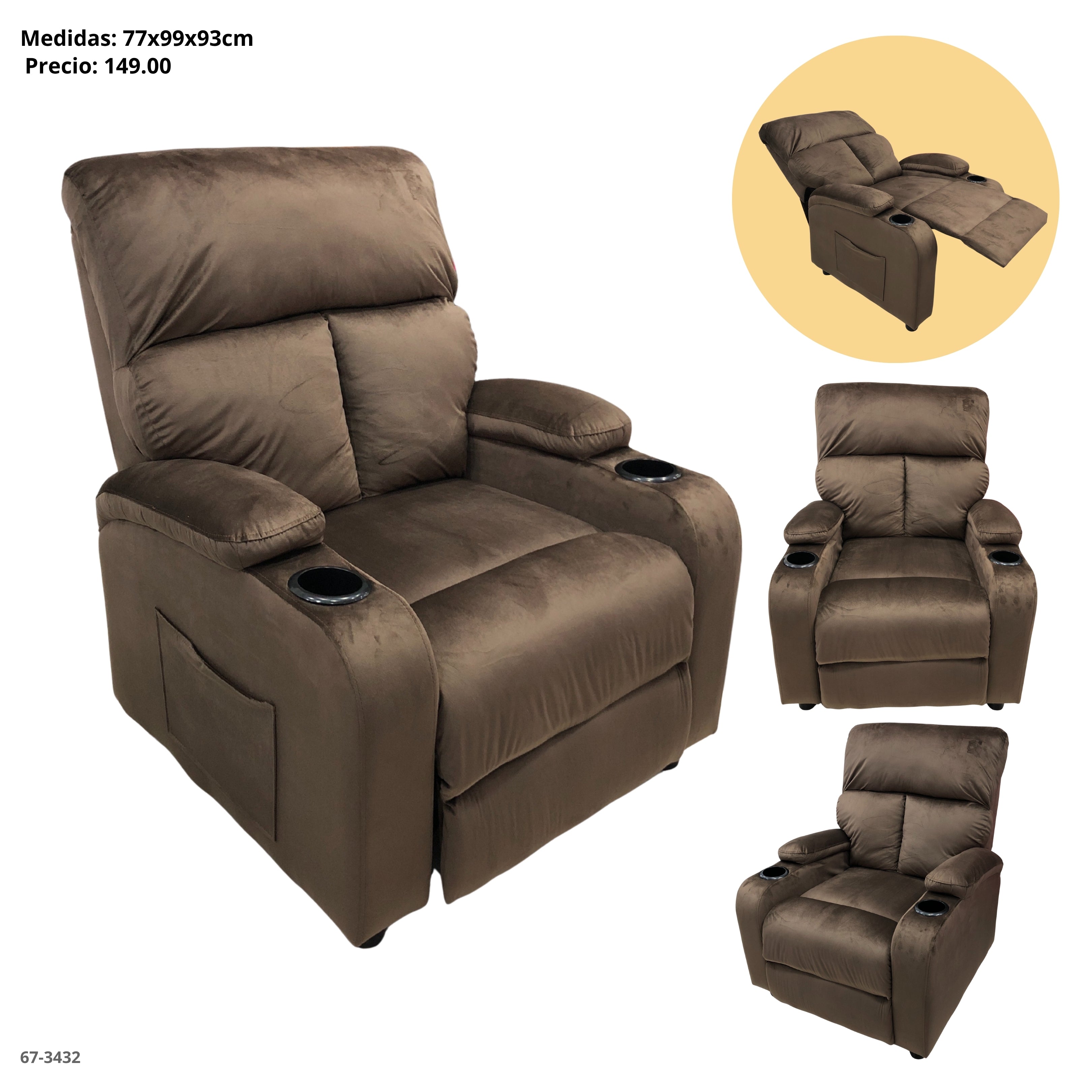 SOFA RECLINABLE C/PORTAVASO TELA CHOCOTATE