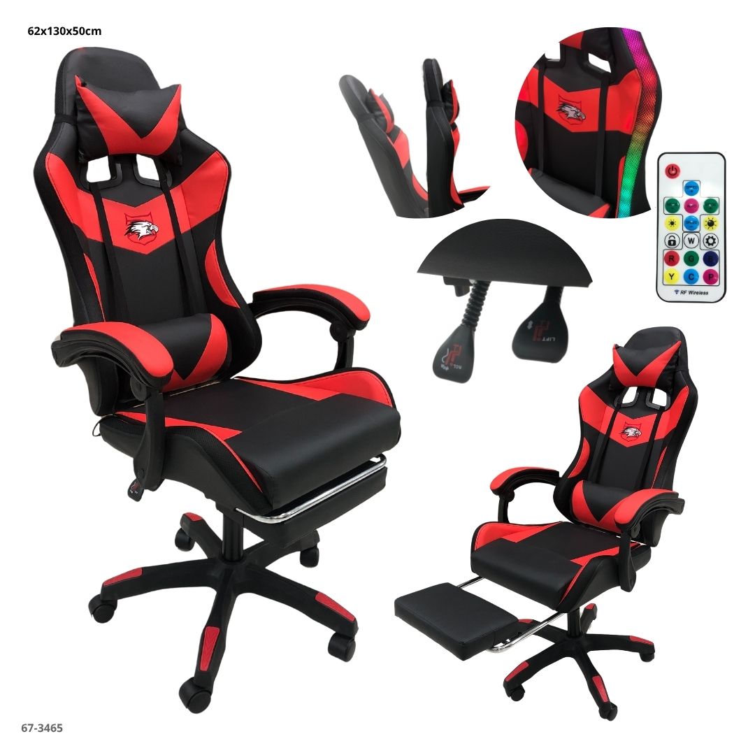 SILLA GAMING NEGRO/ ROJO LED CON REPOSA PIE