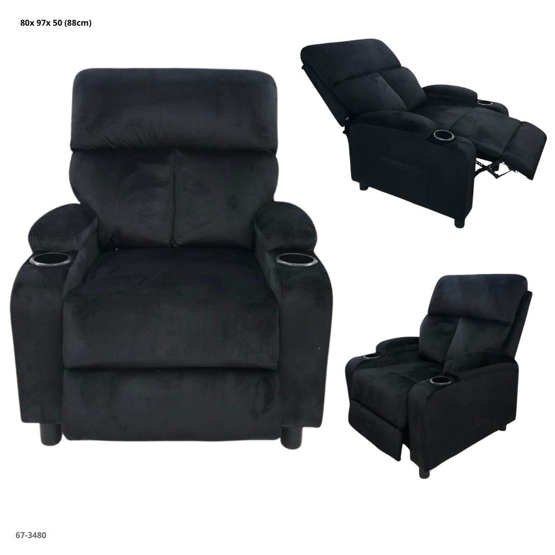 SOFA RECLINABLE TERCIOPELO NEGRO C/PORTAVASO