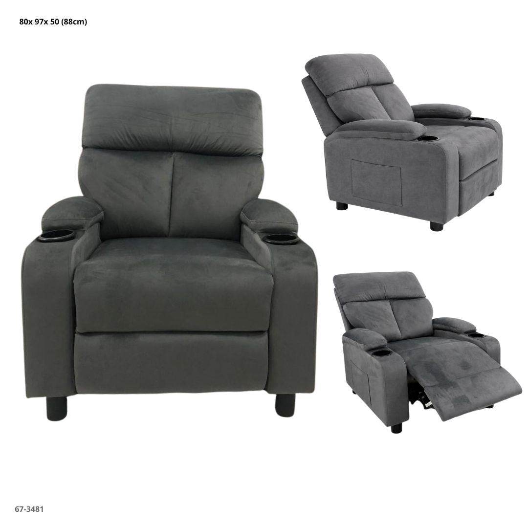 SOFA RECLINABLE TERCIOPELO GRIS OSCURO C/PORTAVASO