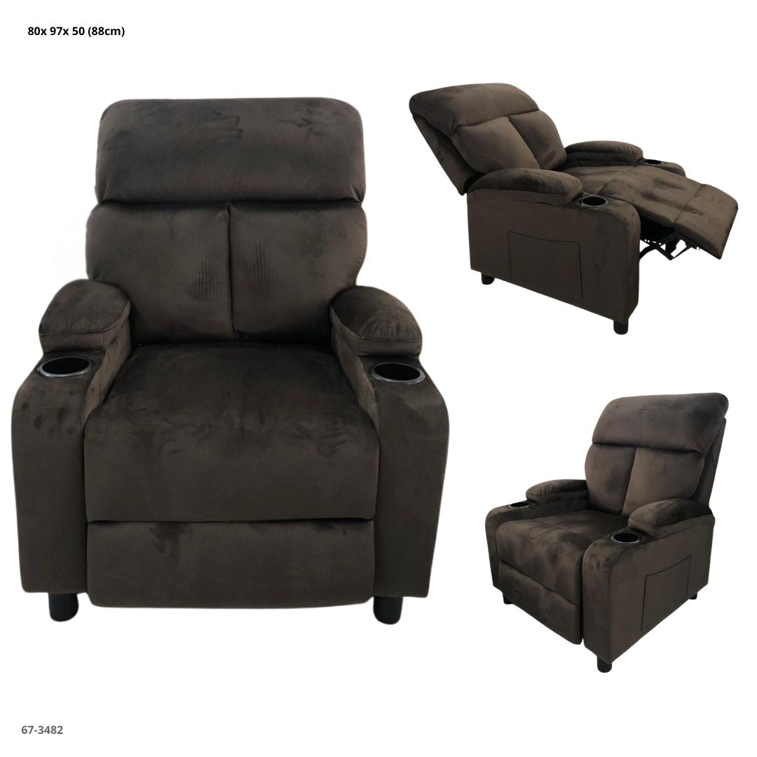 SOFA RECLINABLE TERCIOPELO CHOCOLATE C/PORTAVASO
