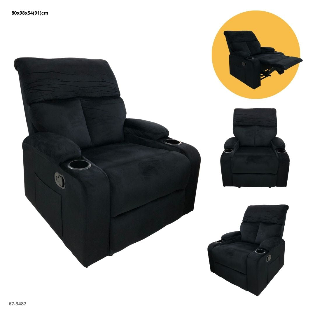 SOFA RECLINABLE NEGRO TELA C/PL C/PORTAVASO