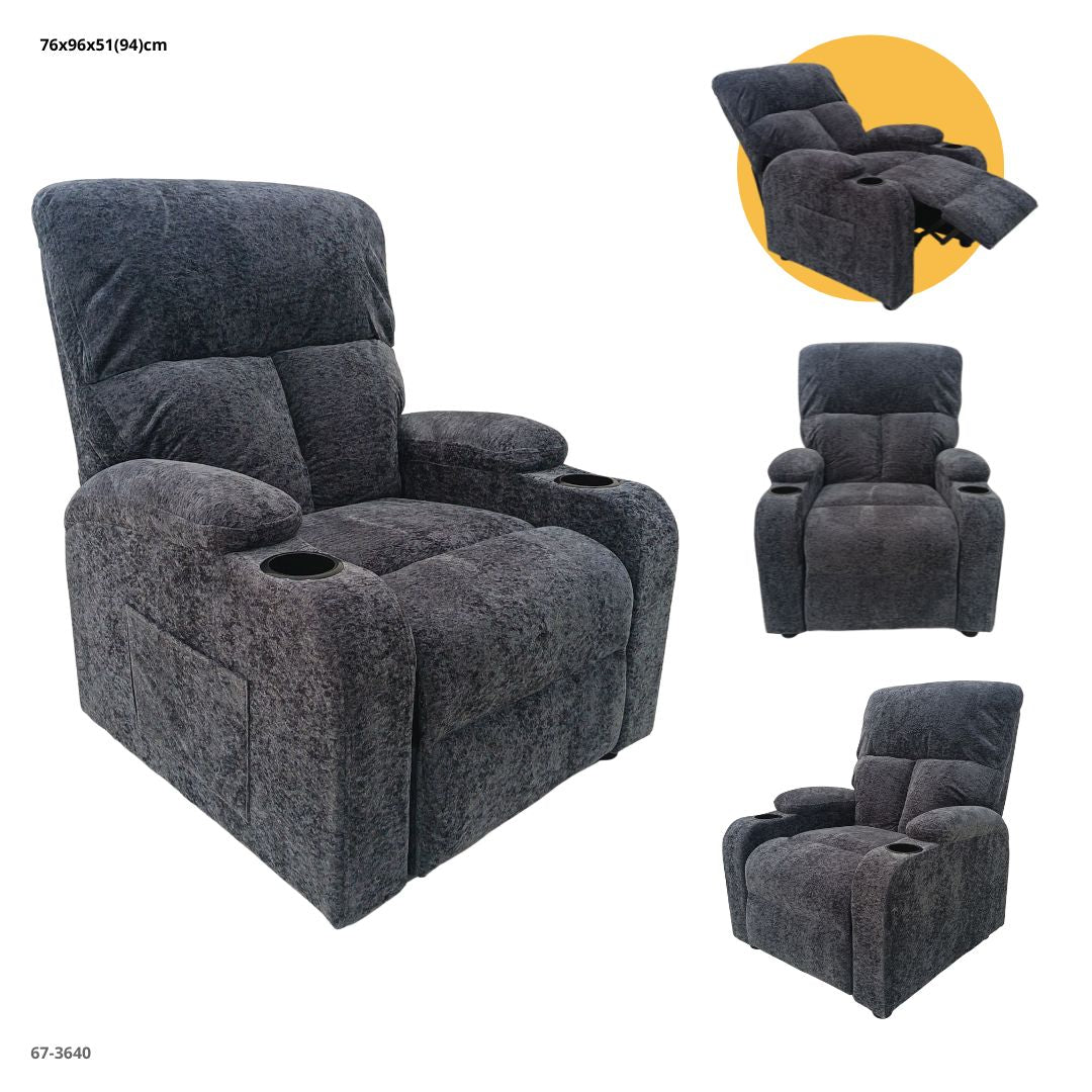 SOFA RECLINABLE CON PORTAVASO TELA GRIS OSCURO